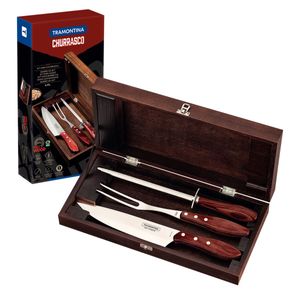 Kit para Asado Tramontina de Acero Inoxidable Mango Rojo Polywood con Estuche de Madera 4 Piezas