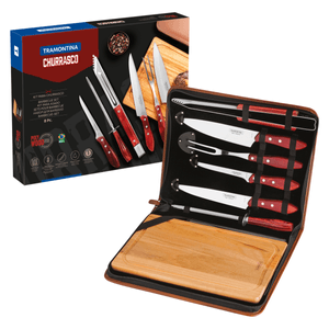 Kit para Asado Tramontina con Láminas de Acero Inoxidable y Mangos de Madera Polywood Rojo, con Tabla de Corte y Estuche 8 Piezas