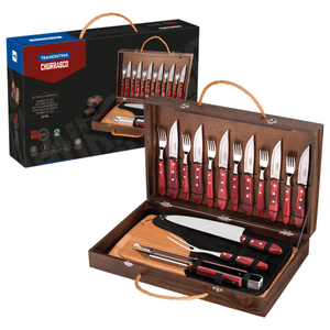 Kit para asado Tramontina con Cubiertos Jumbo de Acero Inoxidable y Mango Rojo Polywood con Tabla y Estuche de Madera, 17 piezas.