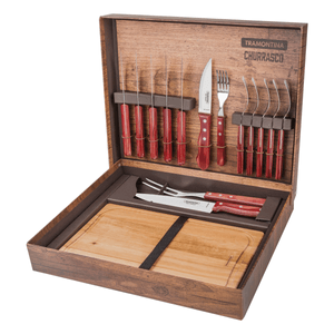 Kit para Asado Tramontina con Láminas de Acero Inoxidable y Mangos de Madera Polywood Rojo con Caja de Cartón 15 Piezas