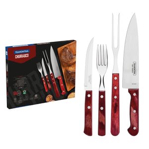 Kit para asado Tramontina de acero inoxidable con mango rojo Polywood 14 piezas