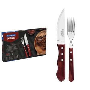 Juego de Cubiertos para Asado Jumbo Tramontina de Acero Inoxidable con Mango Rojo Polywood, 12 piezas.