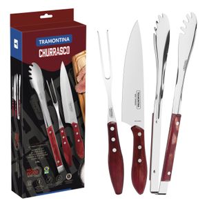 Juego para Asado Tramontina con Láminas de Acero Inoxidable y Mangos de Madera Tratada Polywood Vermelha, 3 piezas