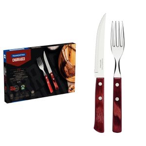 Juego de cubiertos para asado Tramontina de acero inoxidable con mango rojo polywood, 12 piezas.