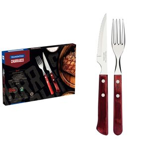 Juego de Cubiertos para Asado Tramontina de Acero Inoxidable con Mango Rojo Polywood, 12 piezas.