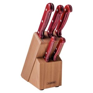 Juego de Cuchillos Tramontina Polywood con Láminas de Acero Inoxidable y Mangos de Madera Tratada Rojo con Soporte de Madera 6 Piezas
