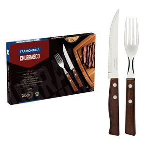 Juego de Cubiertos para Asado Tramontina con Láminas de Acero Inoxidable y Mangos de Madera Natural, 12 piezas.
