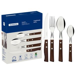 Juego de Cubiertos Tramontina Tradicional con Láminas en Acero Inoxidable y Mangos de Madera Natural 24 Piezas