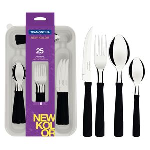 Juego de Cubiertos Tramontina New Kolor con Láminas de Acero Inoxidable y Mangos de Polipropileno Negro con Cubiertera 25 Piezas
