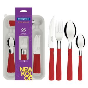 Juego de Cubiertos Tramontina New Kolor con Láminas de Acero Inoxidable y Mangos de Polipropileno Rojo con Cubiertera 25 Piezas
