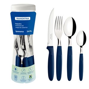 Juego de Cubiertos Tramontina Ipanema con Láminas de Acero Inoxidable y Mangos de Polipropileno Azul con Pote Plástico 24 Piezas