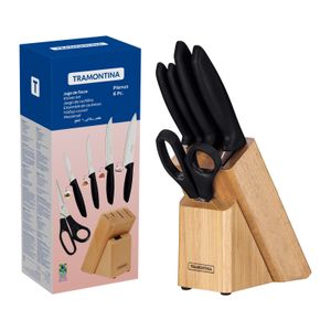 Juego de Cuchillos Tramontina Plenus con Láminas en Acero Inoxidable Mangos de Polipropileno Negro y Soporte de Madera 6 Piezas