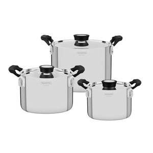 Batería de Cocina Tramontina Grano Compact en Acero Inoxidable con Cuerpo Triple y Asas en Baquelita Negro 3 piezas