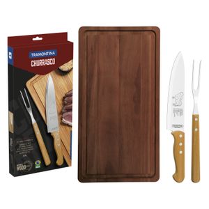 Kit para Asado Tramontina de Acero Inoxidable y Mangos de Madera Natural con Tabla de Corte de Madera 3 Piezas